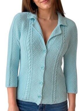 Heather B Cable Knit Cardigan Women Small Cotton Blue
